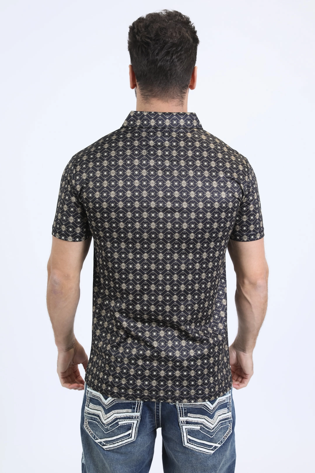 Mens Performance Fabric Modern Fit Stretch Aztec Print Black Polo Durable Double Stitching