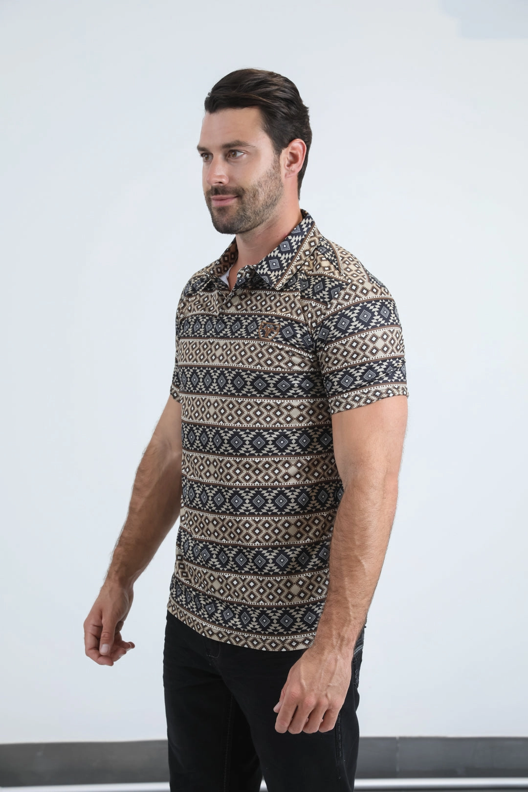 Mens Performance Fabric Modern Fit Stretch Aztec Print Black Polo Athletic Cut Comfort Wearable