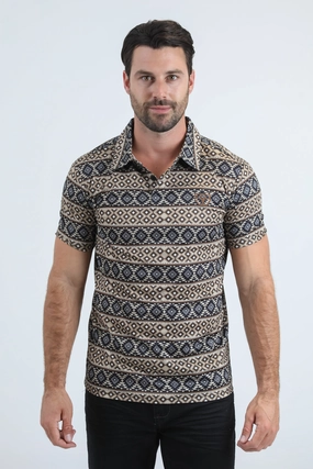Mens Performance Fabric Modern Fit Stretch Aztec Print Black Polo Versatile Wardrobe