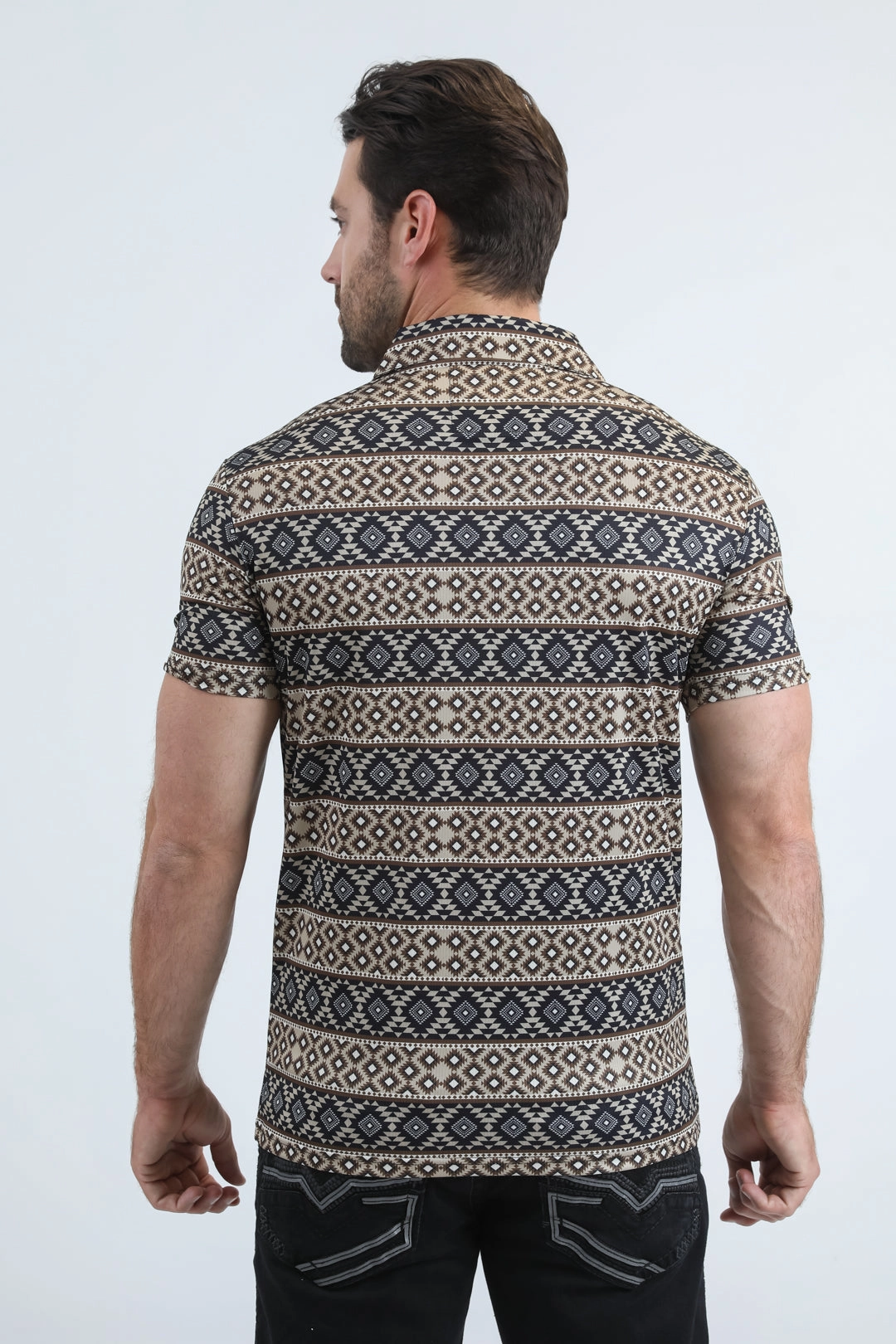 Cozy Apparel Unstructured Hem Mens Performance Fabric Modern Fit Stretch Aztec Print Black Polo