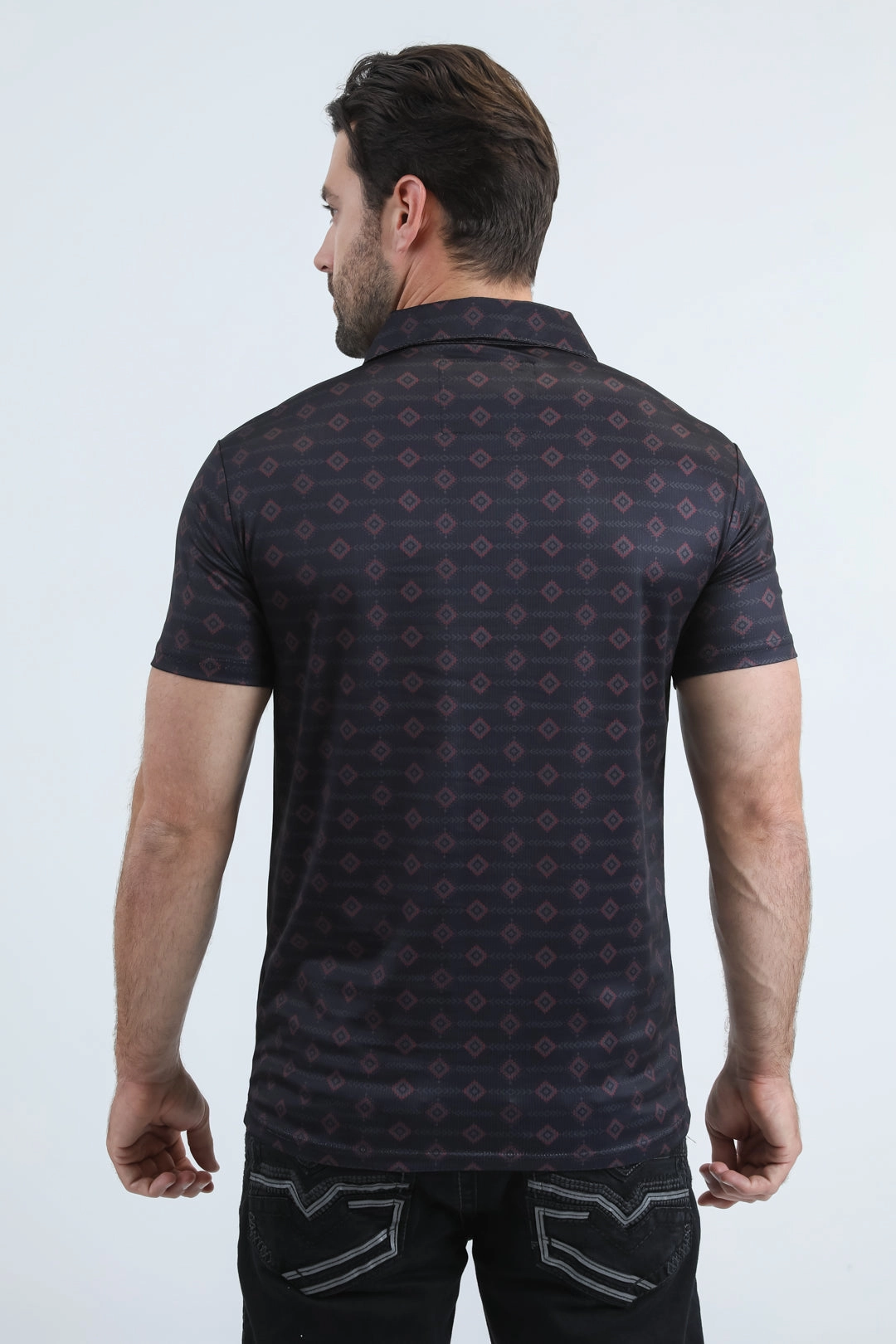 FadeResistant Dye Fashion Comfort Mens Performance Fabric Modern Fit Stretch Aztec Print Black Polo