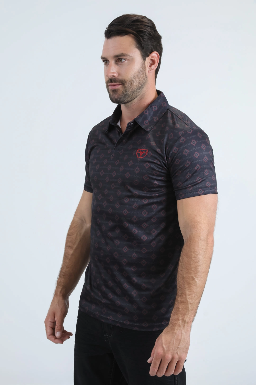 warm weather Mens Performance Fabric Modern Fit Stretch Aztec Print Black Polo