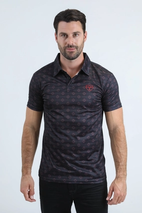 Mens Performance Fabric Modern Fit Stretch Aztec Print Black Polo Versatile Style Breathable wear