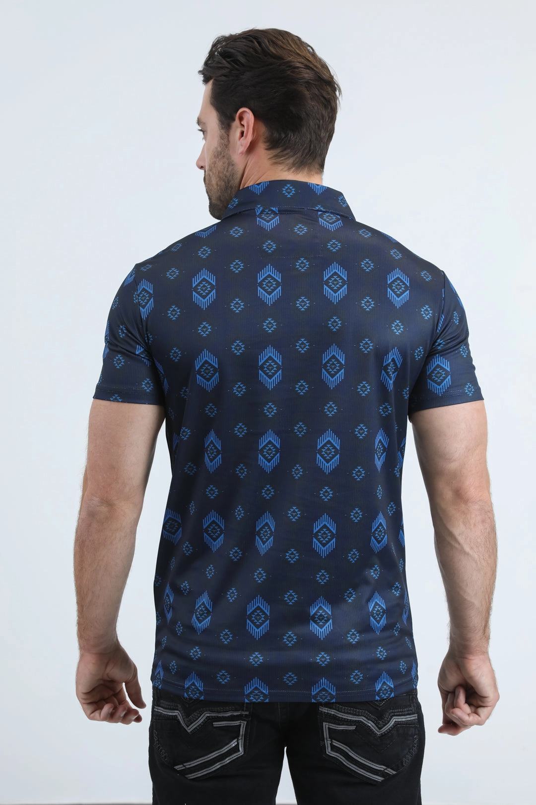 Business Travel Mens Performance Fabric Modern Fit Stretch Aztec Print Blue Polo