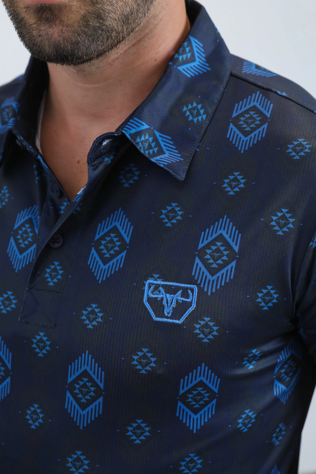 Mens Performance Fabric Modern Fit Stretch Aztec Print Blue Polo Refined Look