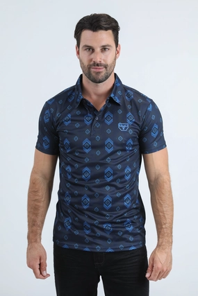 Mens Performance Fabric Modern Fit Stretch Aztec Print Blue Polo Trendy Business Tailored Fit