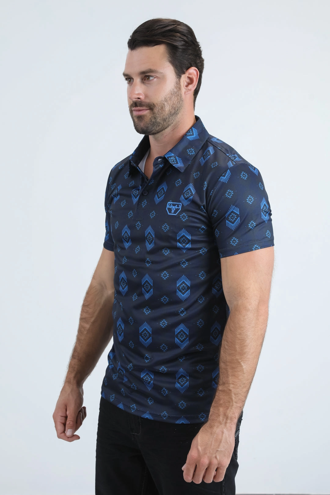 Classic Comfort Unisex wear Mens Performance Fabric Modern Fit Stretch Aztec Print Blue Polo