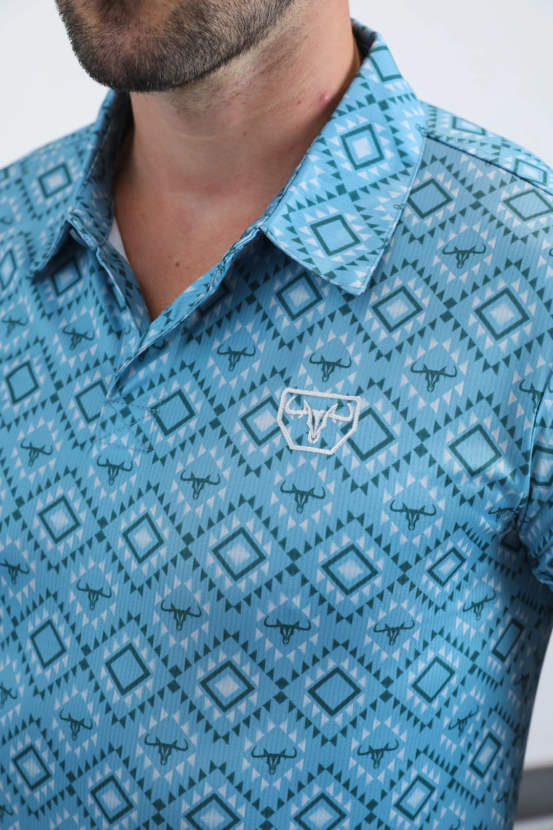 Double Layer Shoulder Outdoor Wear Mens Performance Fabric Modern Fit Stretch Aztec Print Blue Polo