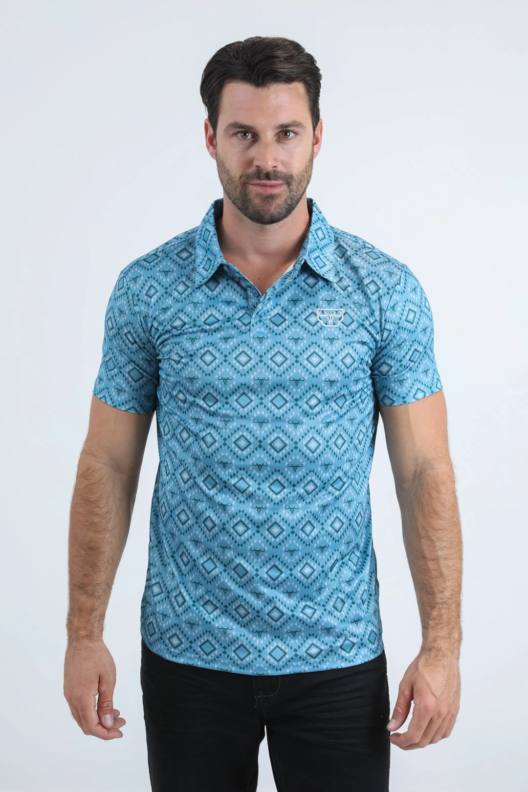 Mens Performance Fabric Modern Fit Stretch Aztec Print Blue Polo HighDurability Yarn Casual Comfort