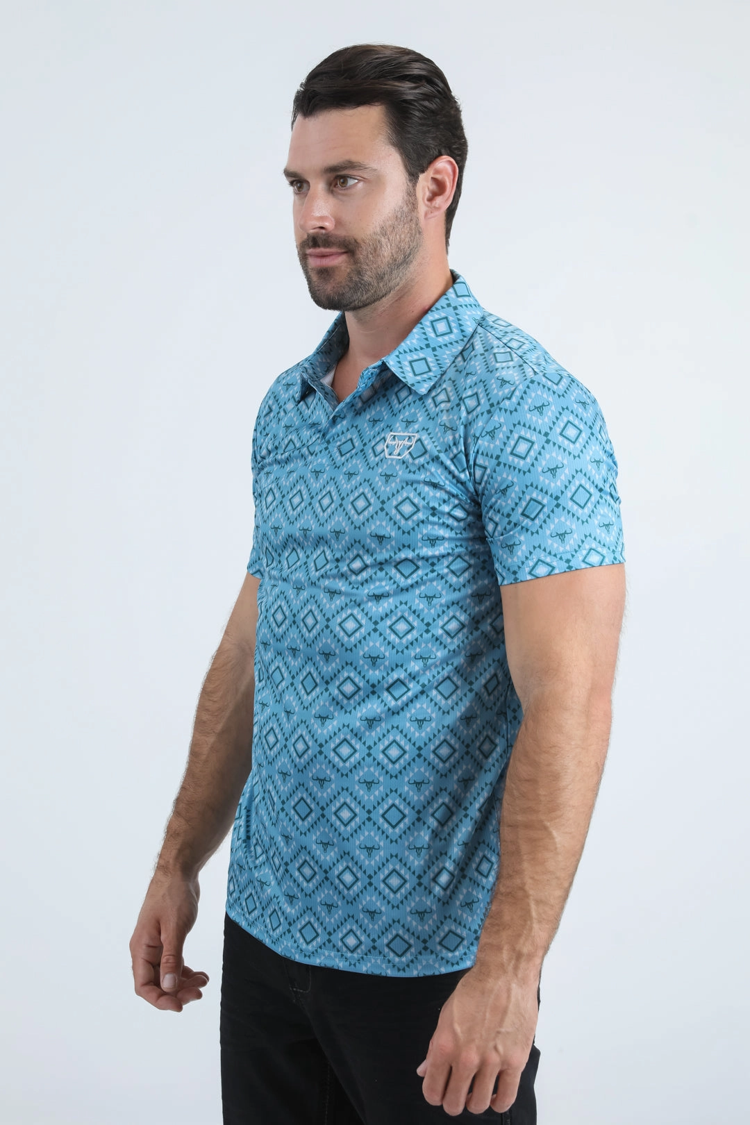 Mens Performance Fabric Modern Fit Stretch Aztec Print Blue Polo Breathable Jersey AntiStatic Fabric Treatment