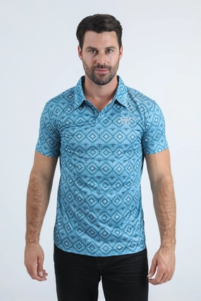Mens Performance Fabric Modern Fit Stretch Aztec Print Blue Polo HighDurability Yarn Casual Comfort