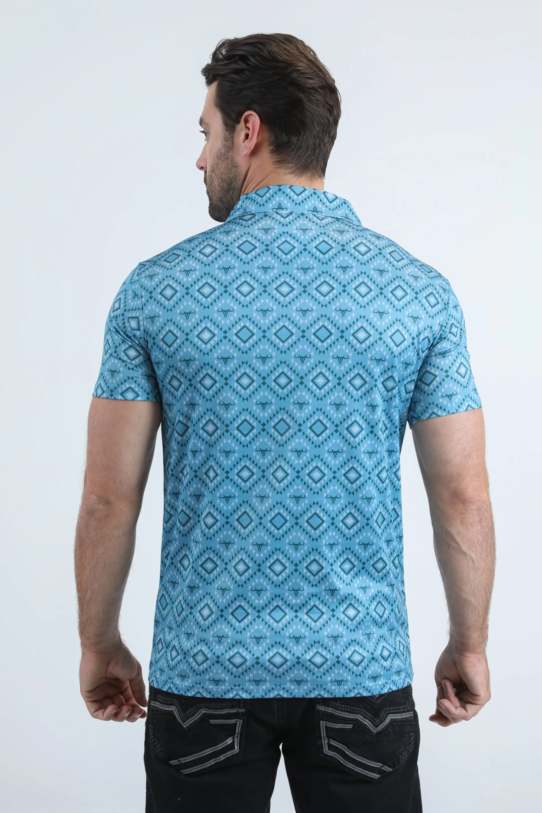 Mens Performance Fabric Modern Fit Stretch Aztec Print Blue Polo Refined Style