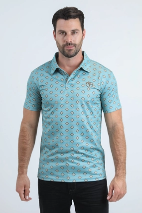 Mens Performance Fabric Modern Fit Stretch Aztec Print Blue Polo Yarn Dyed Collar DoubleLayered Fabric