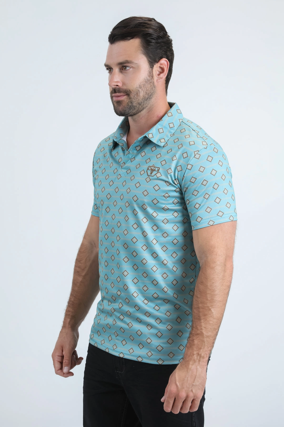 Mens Performance Fabric Modern Fit Stretch Aztec Print Blue Polo Soft Fabric Simple Layer