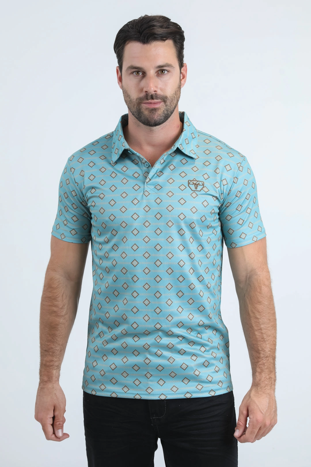 Mens Performance Fabric Modern Fit Stretch Aztec Print Blue Polo Yarn Dyed Collar DoubleLayered Fabric