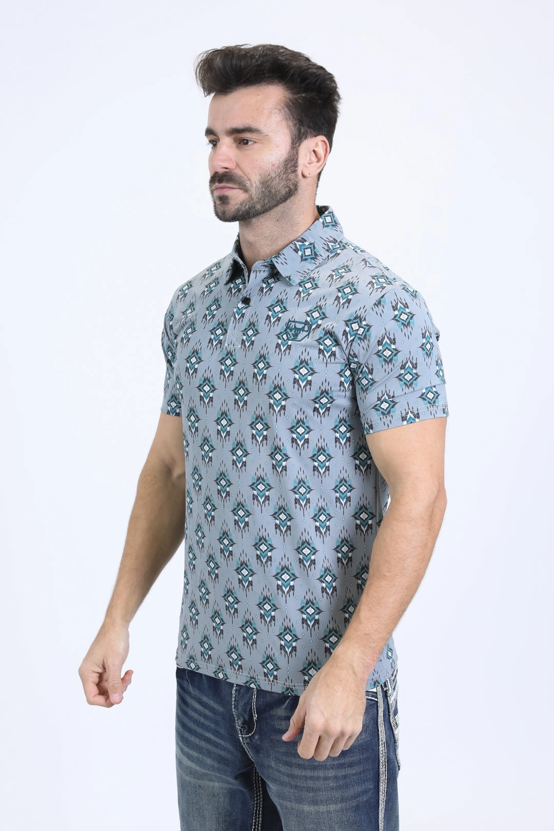 Mens Performance Fabric Modern Fit Stretch Aztec Print Blue Polo Modern Comfort Flatlock stitching