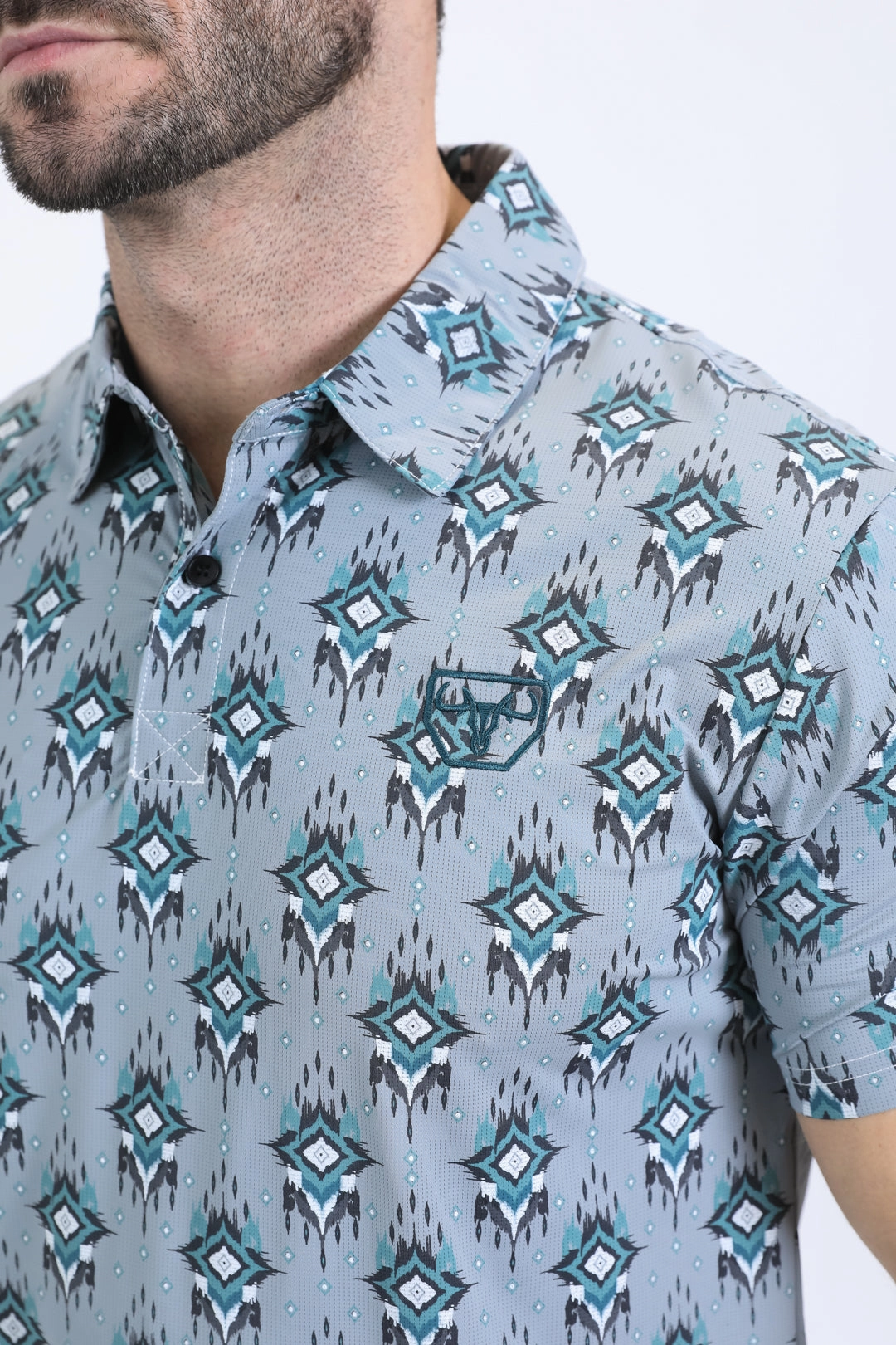 Breathable Mesh Panels FourWay Stretch Fabric Mens Performance Fabric Modern Fit Stretch Aztec Print Blue Polo