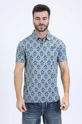 Comfy Apparel Mens Performance Fabric Modern Fit Stretch Aztec Print Blue Polo