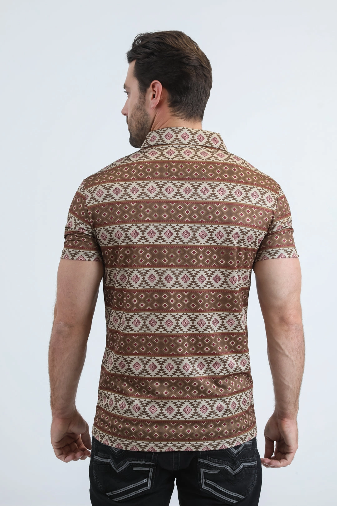 Chic Design Mens Performance Fabric Modern Fit Stretch Aztec Print Brown Polo