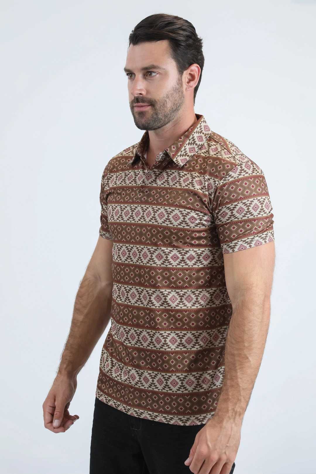 Mens Performance Fabric Modern Fit Stretch Aztec Print Brown Polo Summer Ready