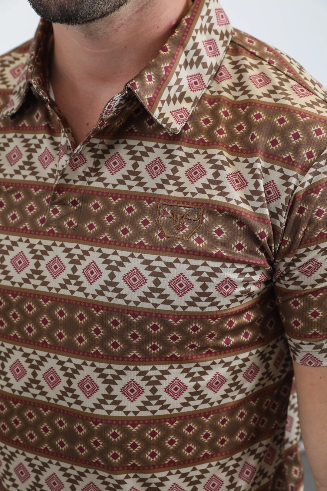 Mens Performance Fabric Modern Fit Stretch Aztec Print Brown Polo Ventilated Side Panels