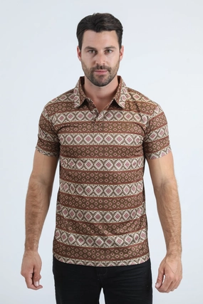 Mens Performance Fabric Modern Fit Stretch Aztec Print Brown Polo Lightweight Wear Micro Perforated Fabric