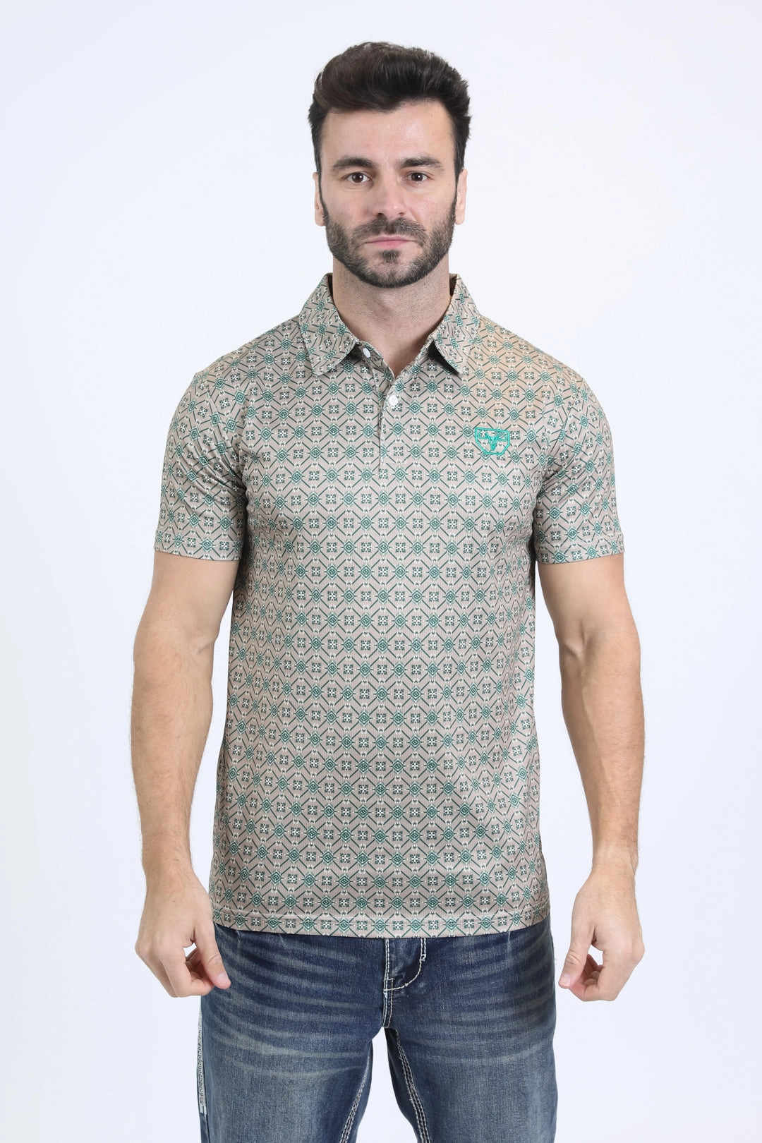 Luxe Apparel Mens Performance Fabric Modern Fit Stretch Aztec Print Khaki Polo