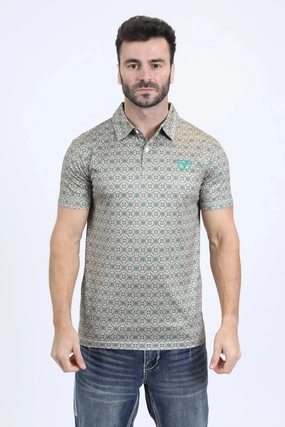 Luxe Apparel Mens Performance Fabric Modern Fit Stretch Aztec Print Khaki Polo