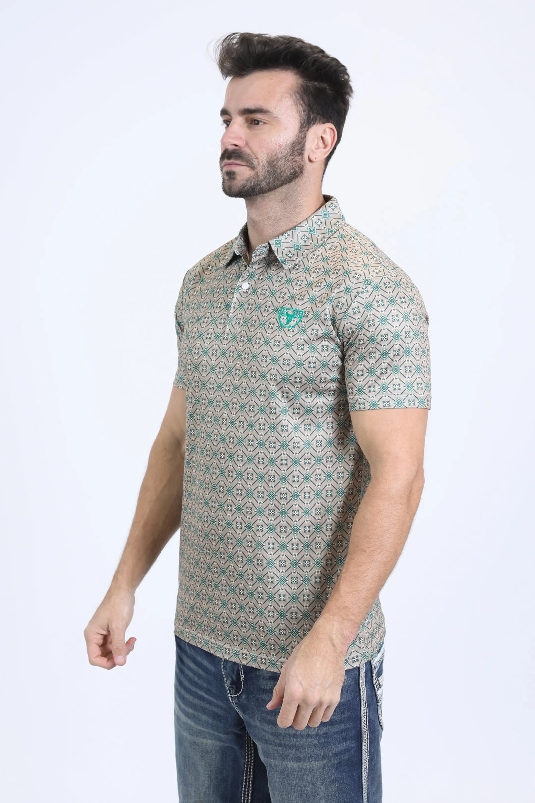 Mens Performance Fabric Modern Fit Stretch Aztec Print Khaki Polo Comfort Stretch Breathable Cotton Blend