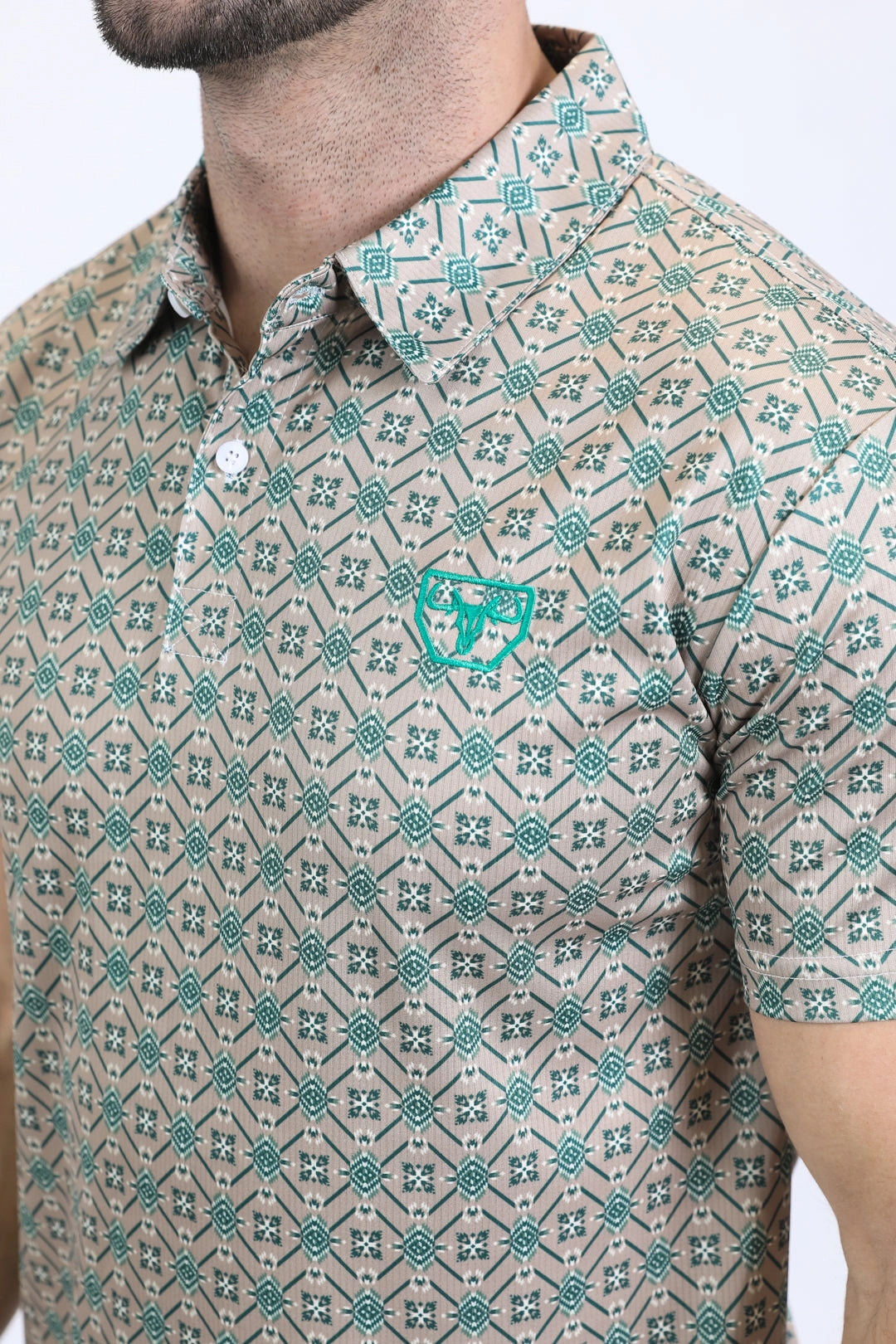 Mens Performance Fabric Modern Fit Stretch Aztec Print Khaki Polo Stretchable Fit