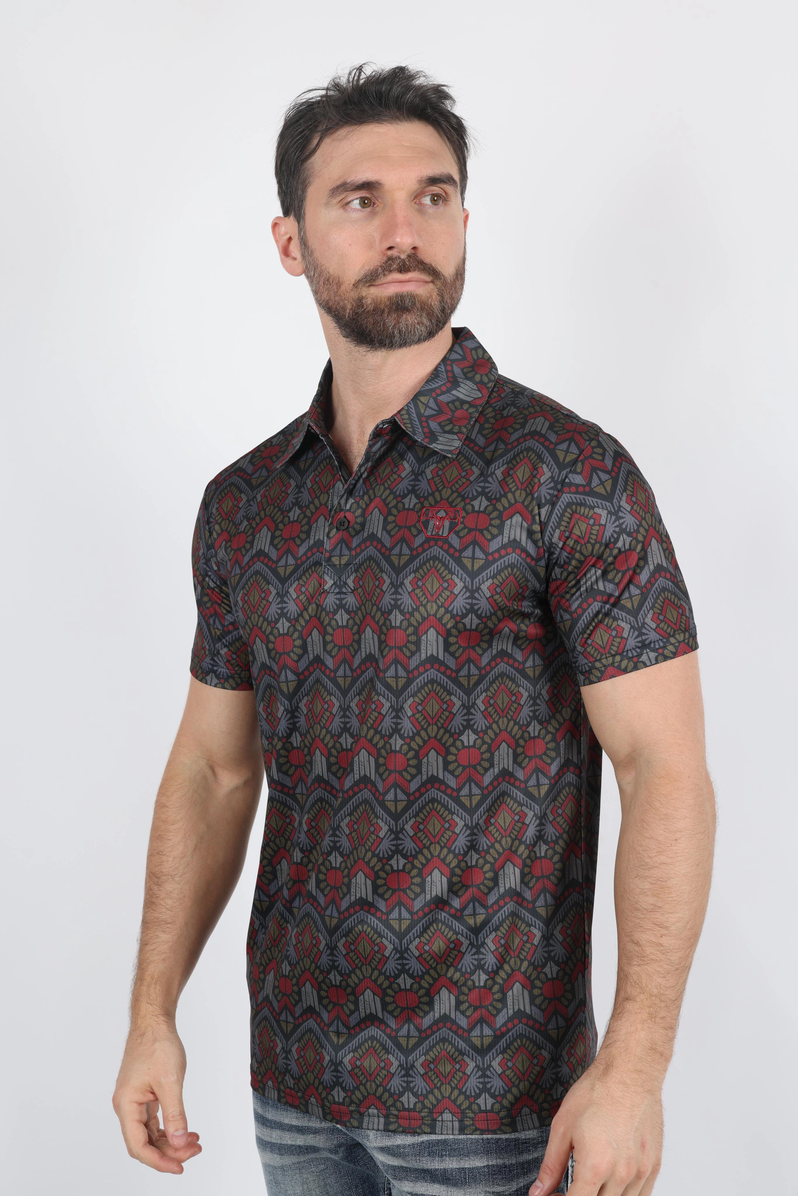 Effortless Comfort Breathable Polo Mens Performance Fabric Modern Fit Stretch Aztec Print Polo