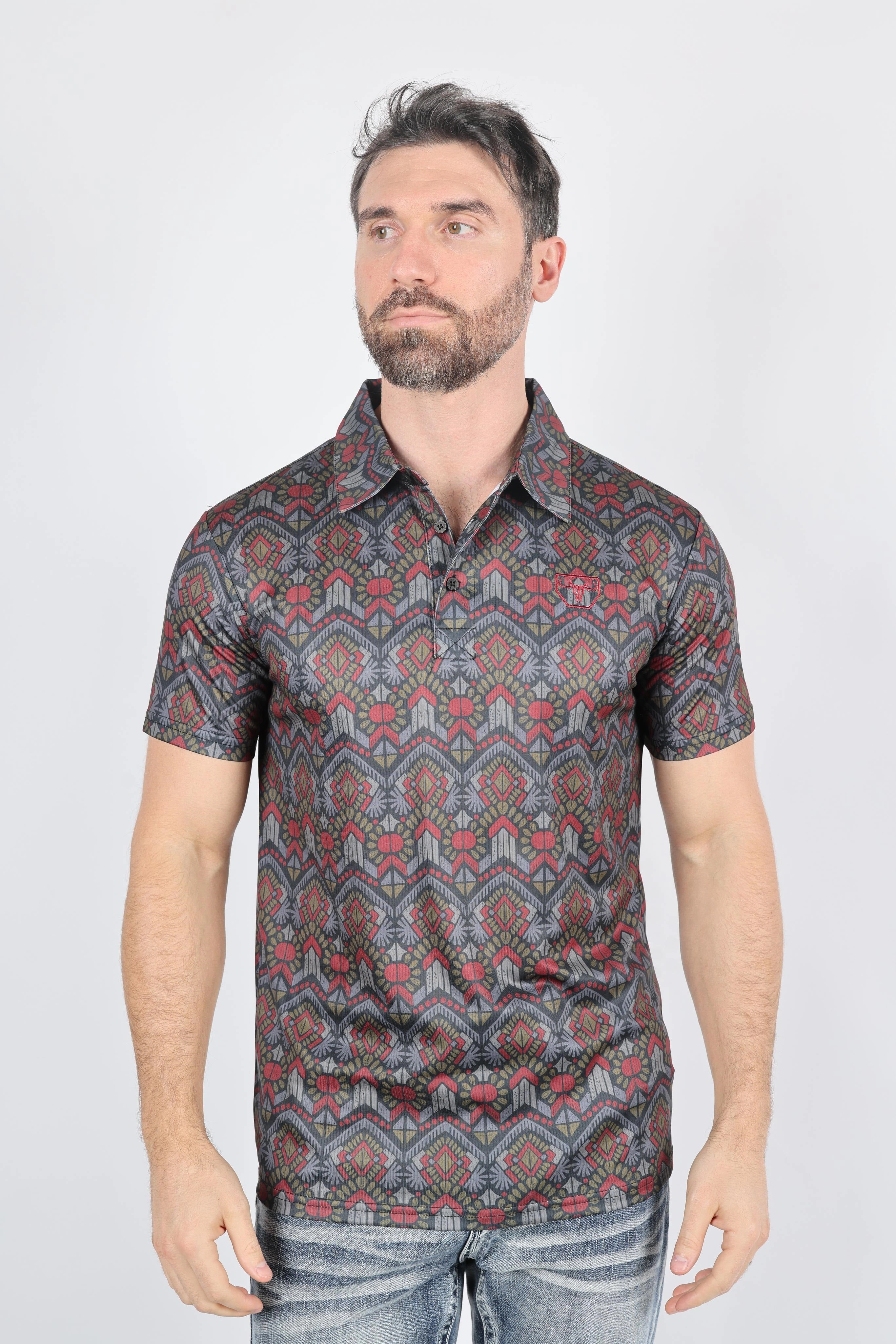 Mens Performance Fabric Modern Fit Stretch Aztec Print Polo Everyday Fit Stylish Vibe