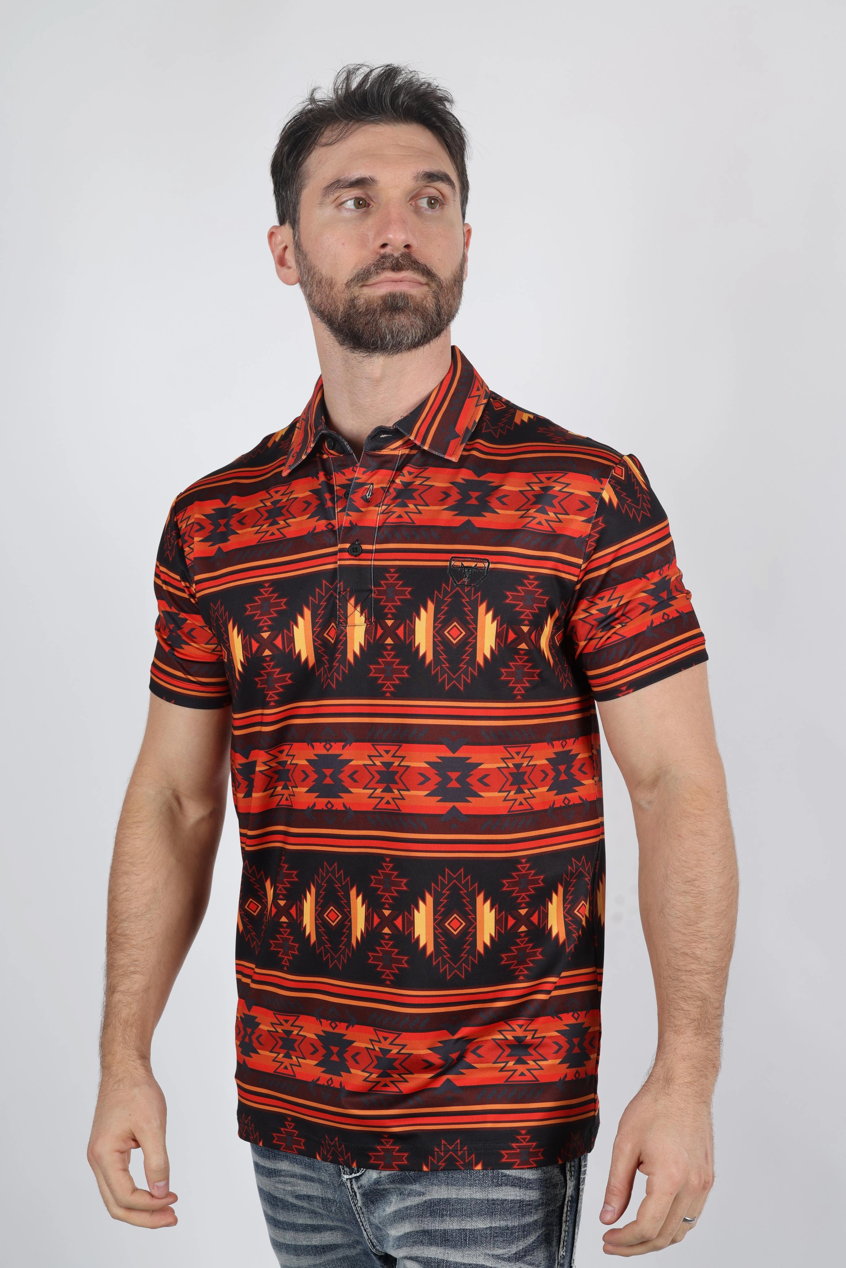 Mens Performance Fabric Modern Fit Stretch Aztec Print Polo Layered Look