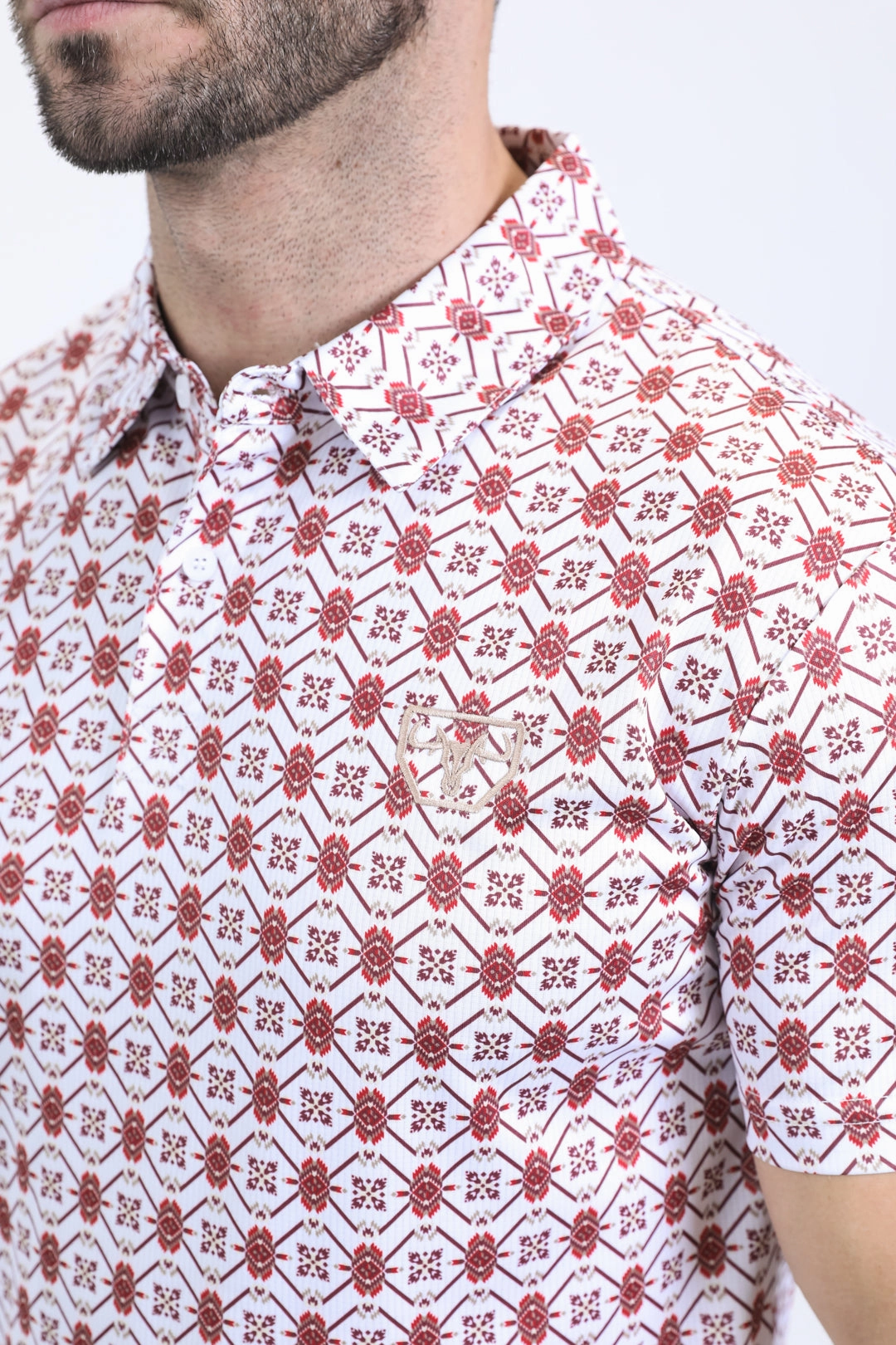 Chic Look Mens Performance Fabric Modern Fit Stretch Aztec Print White Polo