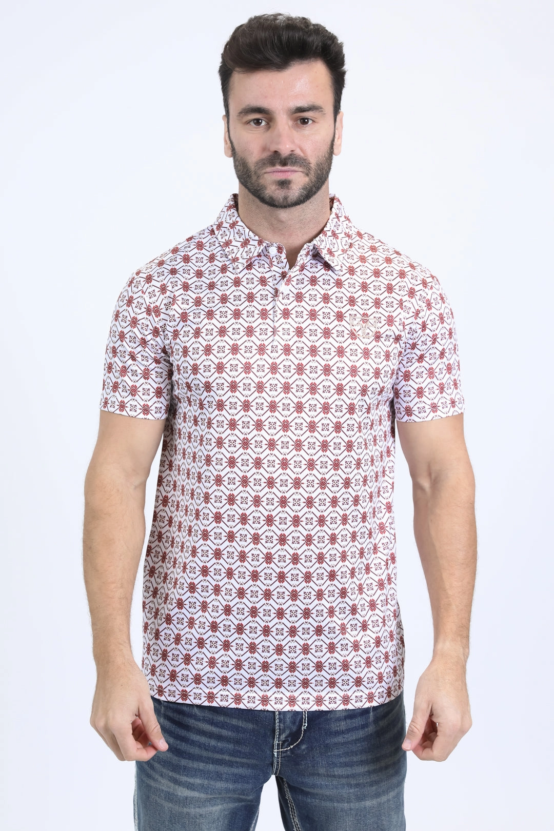 Casual Ease Mens Performance Fabric Modern Fit Stretch Aztec Print White Polo