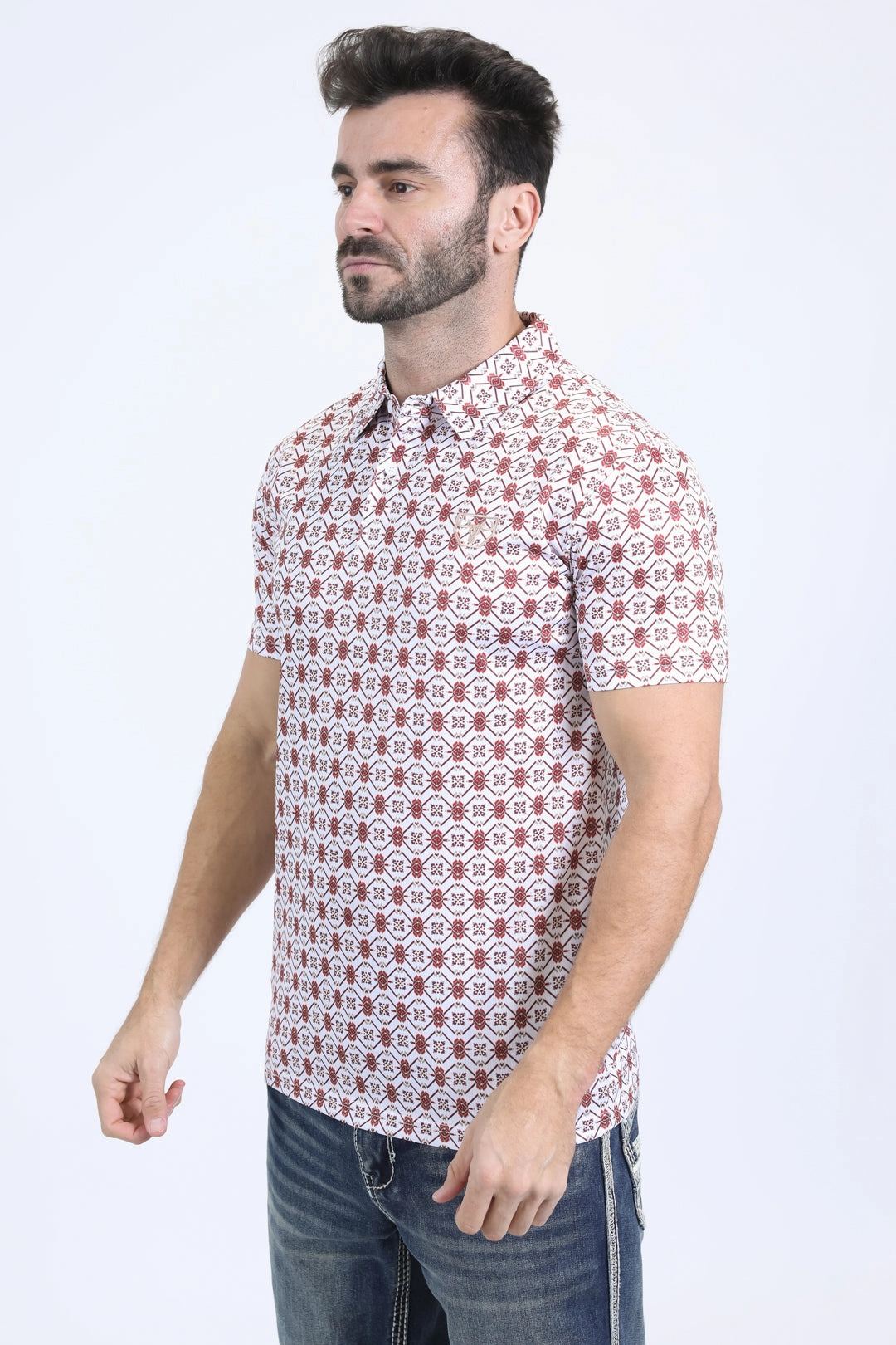 Mens Performance Fabric Modern Fit Stretch Aztec Print White Polo Functional Fit