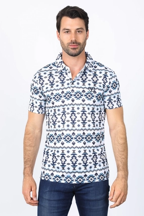 Essential Style Mens Performance Fabric Modern Fit Stretch Aztec Print White Polo
