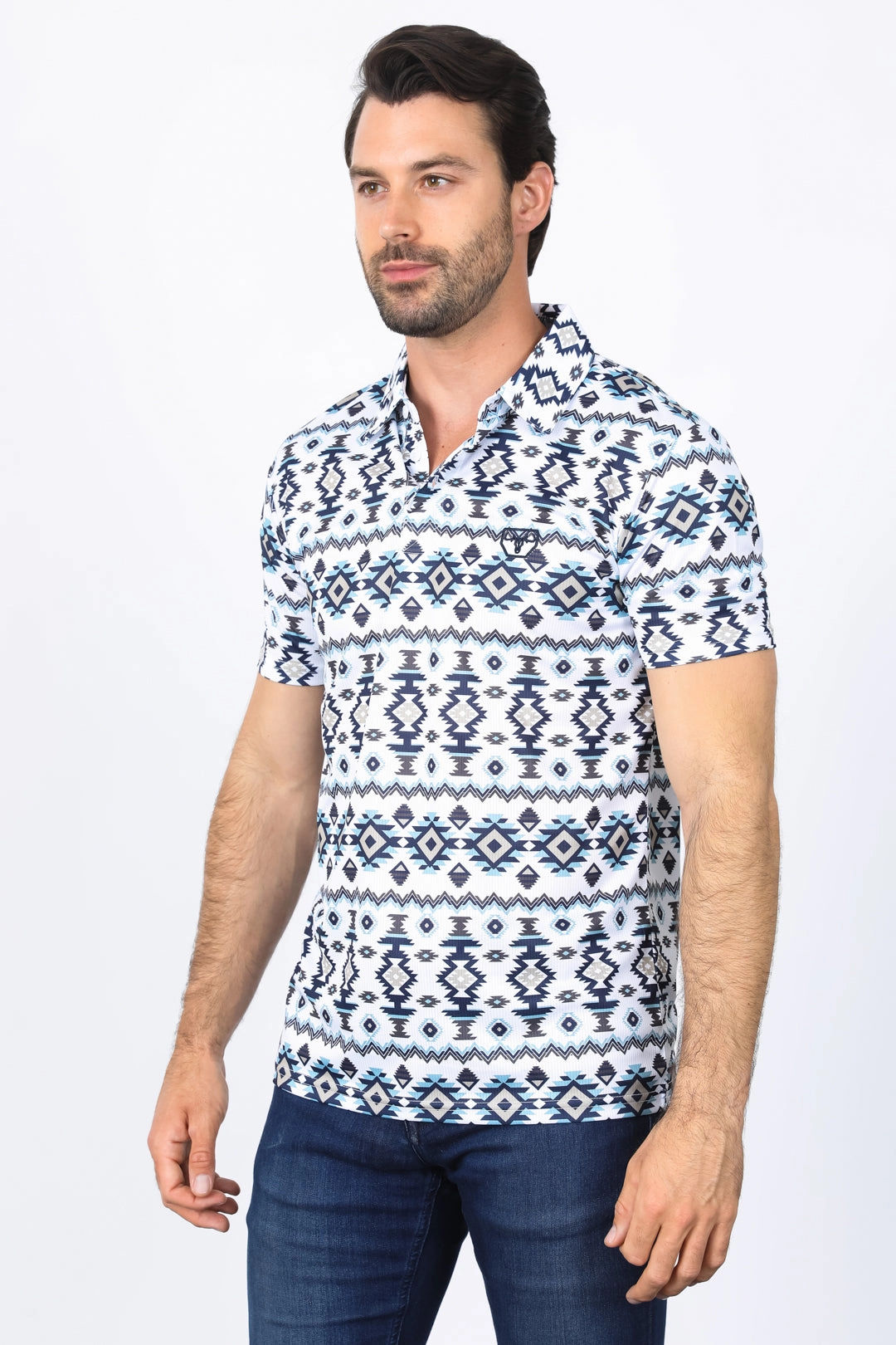 Mens Performance Fabric Modern Fit Stretch Aztec Print White Polo Breathable Wearable