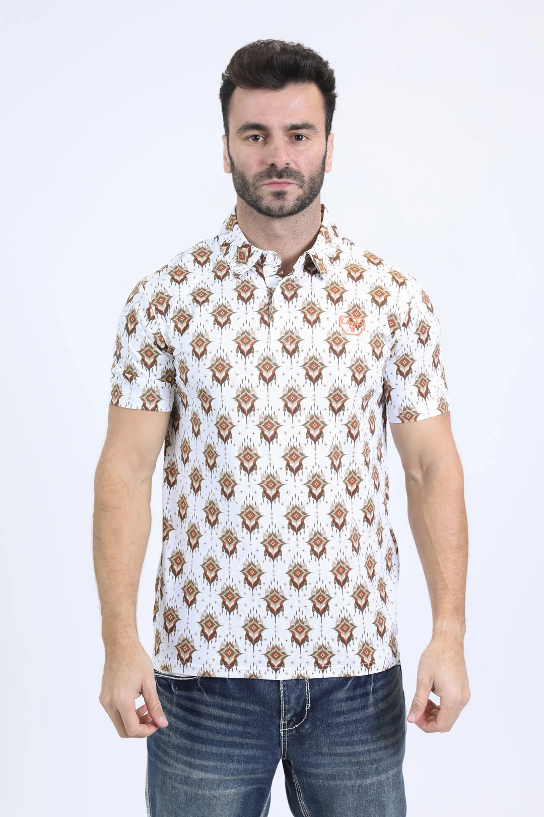 Mens Performance Fabric Modern Fit Stretch Aztec Print White Polo Compact Knit Structure Stretch Fabric Construction