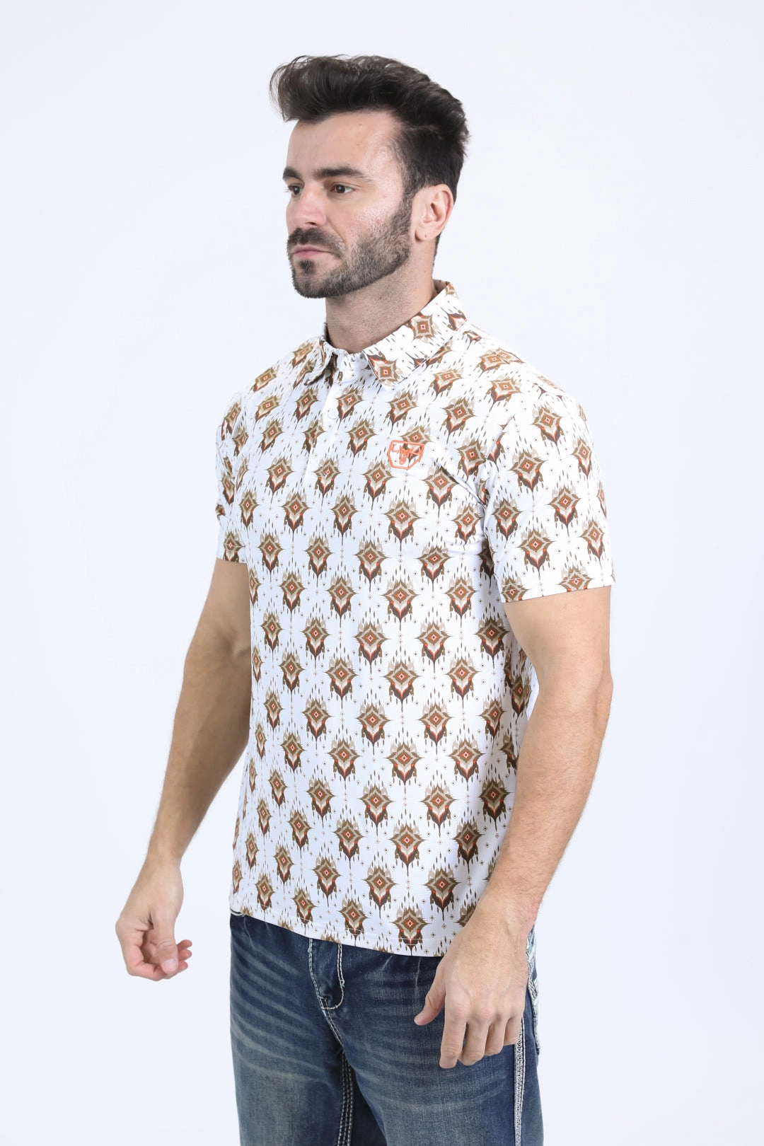 Quality Comfort Mens Performance Fabric Modern Fit Stretch Aztec Print White Polo