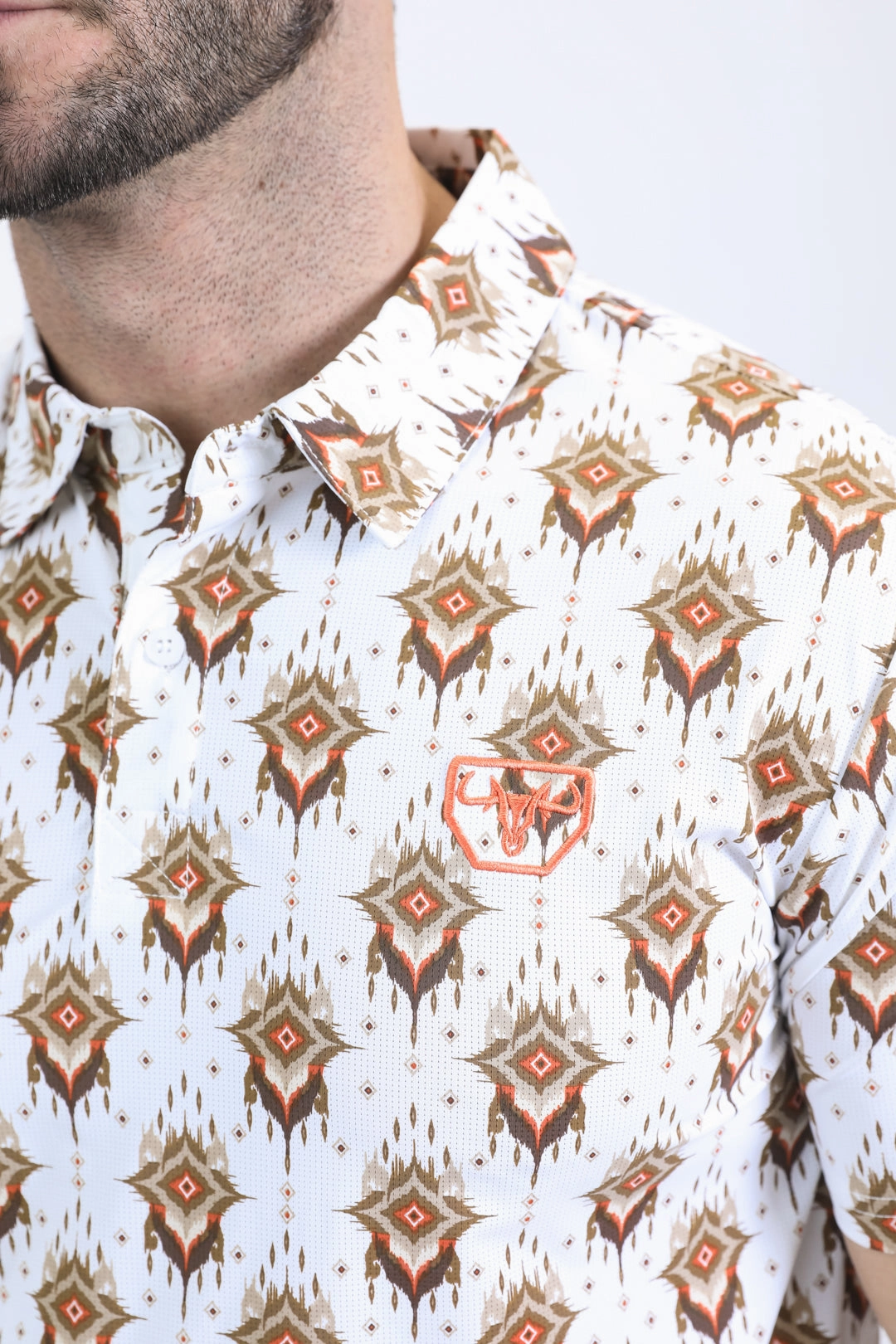 Mens Performance Fabric Modern Fit Stretch Aztec Print White Polo Youthful Appeal