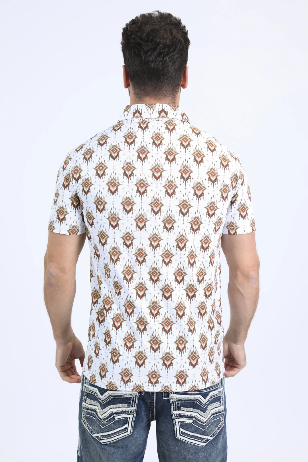 golf club GarmentWashed Texture Mens Performance Fabric Modern Fit Stretch Aztec Print White Polo