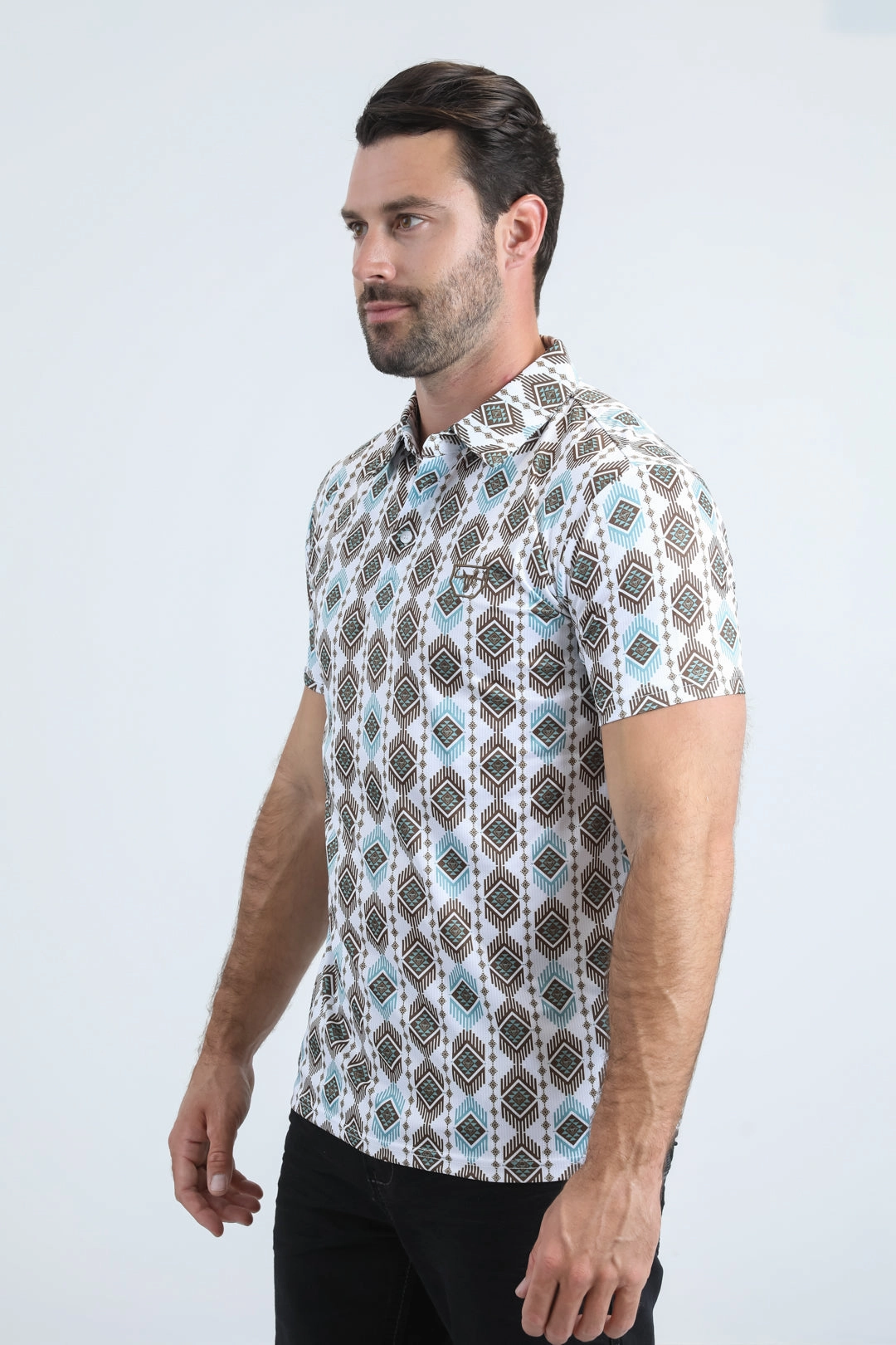 Breathable Top Classic Style Mens Performance Fabric Modern Fit Stretch Aztec Print White Polo
