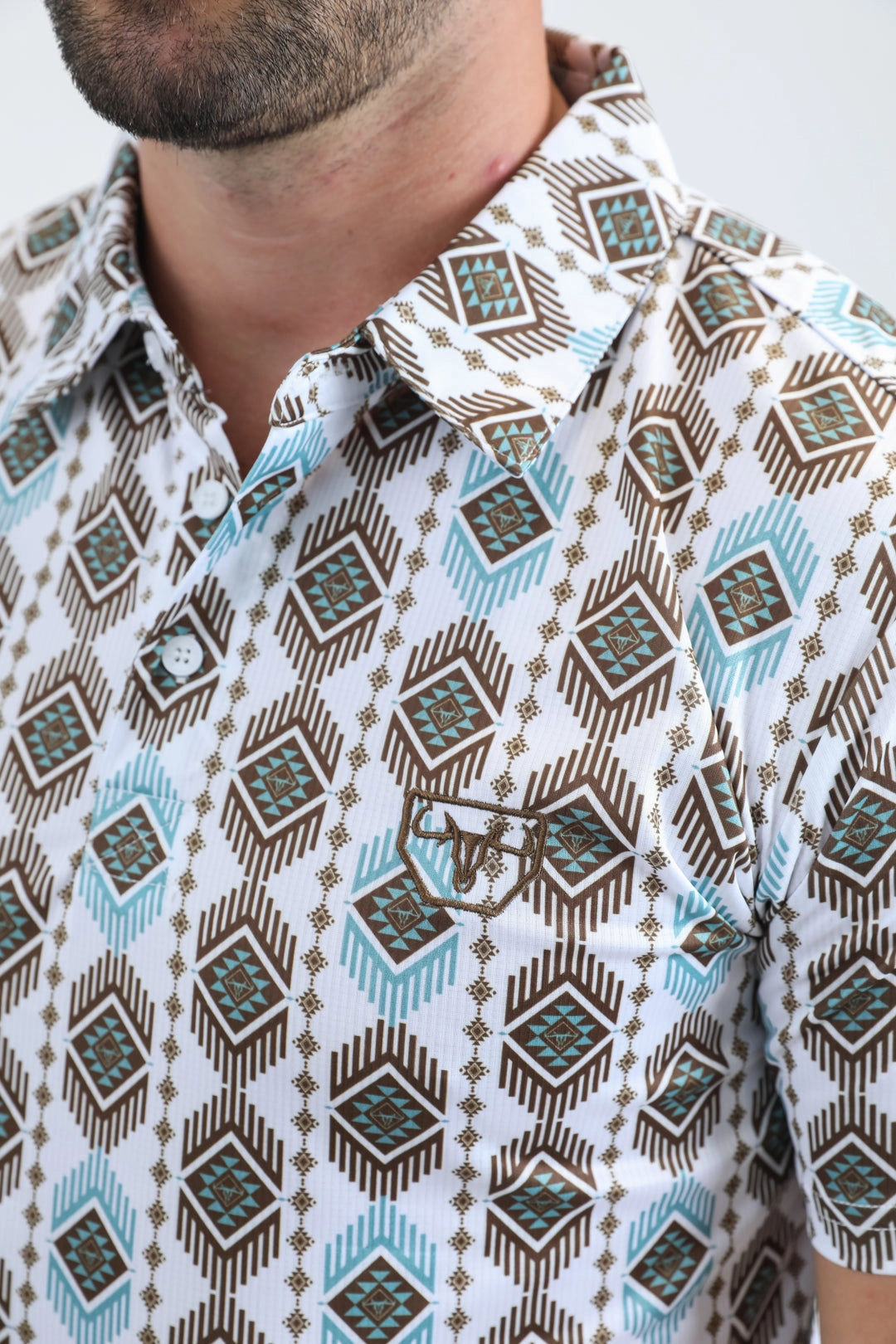 Mens Performance Fabric Modern Fit Stretch Aztec Print White Polo Polo Collar Fit For Comfort