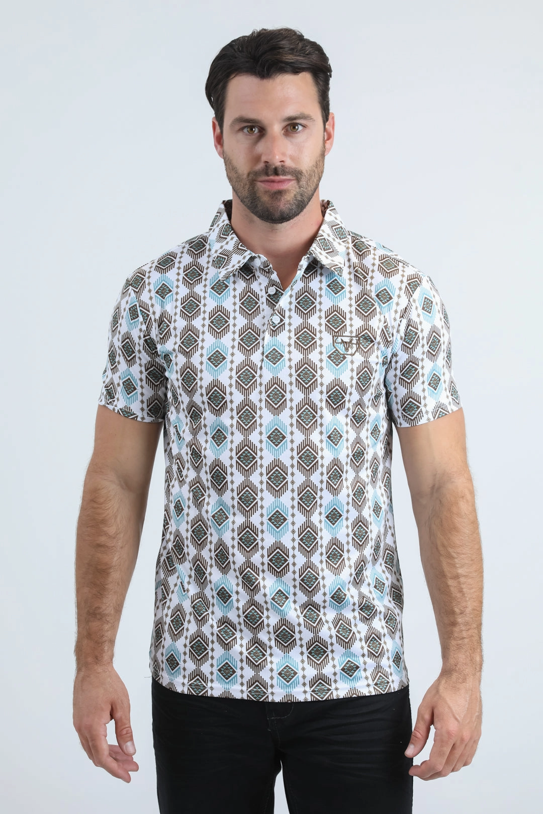 Mens Performance Fabric Modern Fit Stretch Aztec Print White Polo Flexible stretch