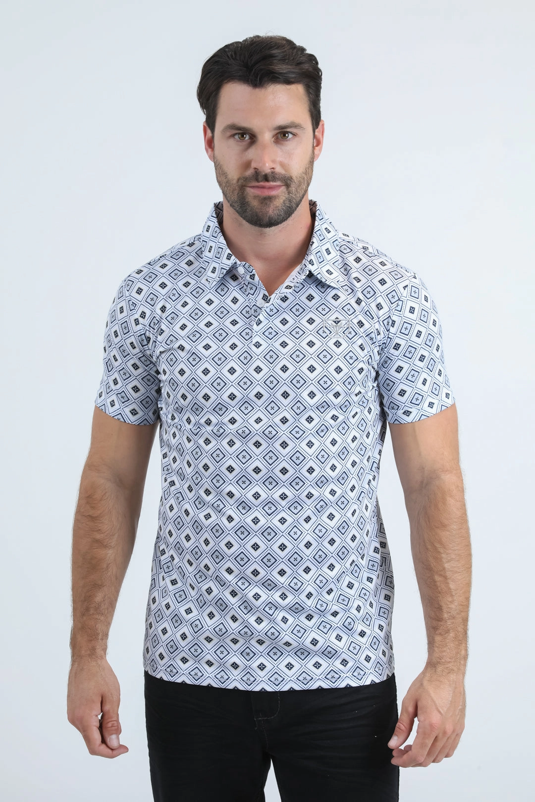 Mens Performance Fabric Modern Fit Stretch Aztec Print White Polo Breathable Airflow Channels