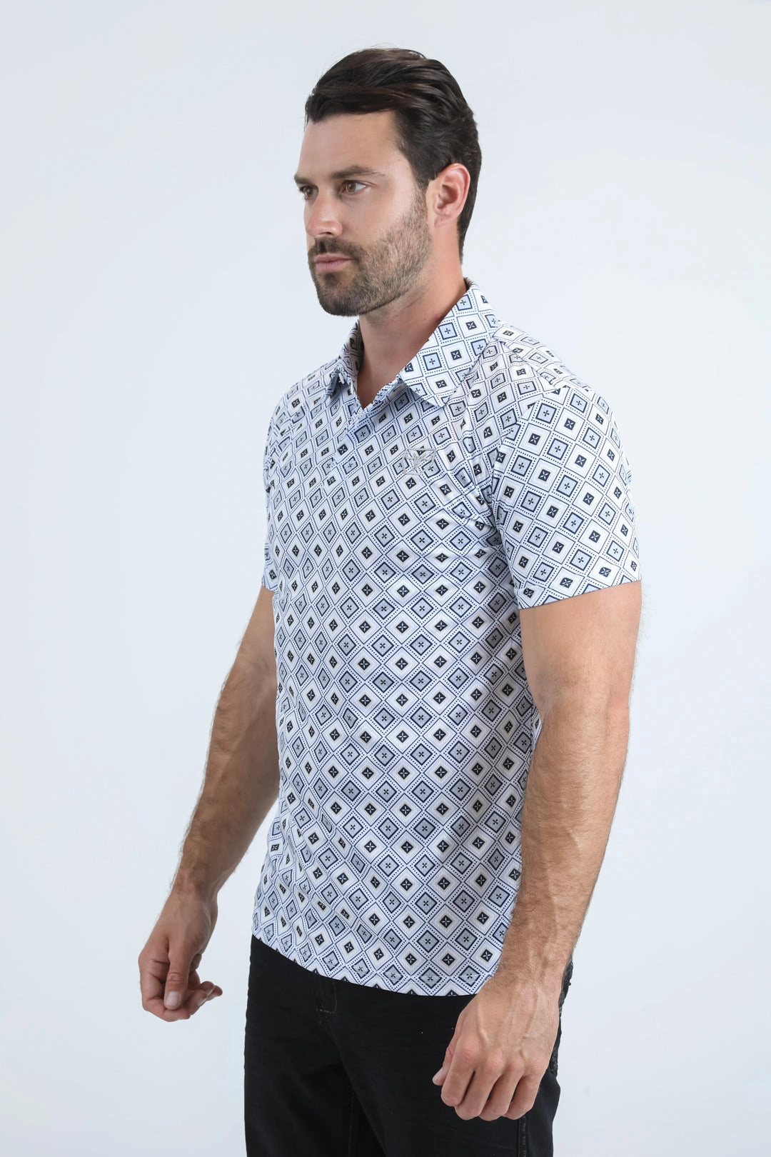 FadeResistant Dye Comfy Base Mens Performance Fabric Modern Fit Stretch Aztec Print White Polo