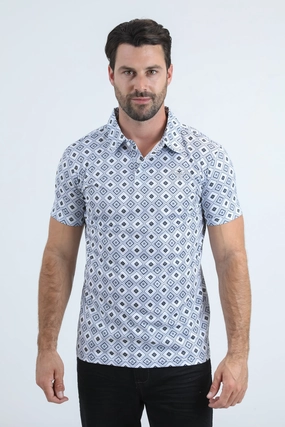 Mens Performance Fabric Modern Fit Stretch Aztec Print White Polo Breathable Airflow Channels