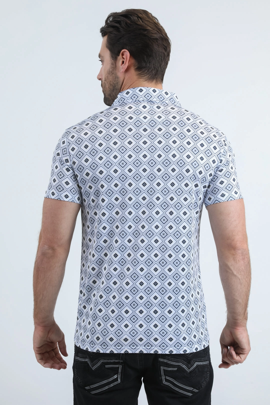 Mens Performance Fabric Modern Fit Stretch Aztec Print White Polo Perfect Look Summer Casual