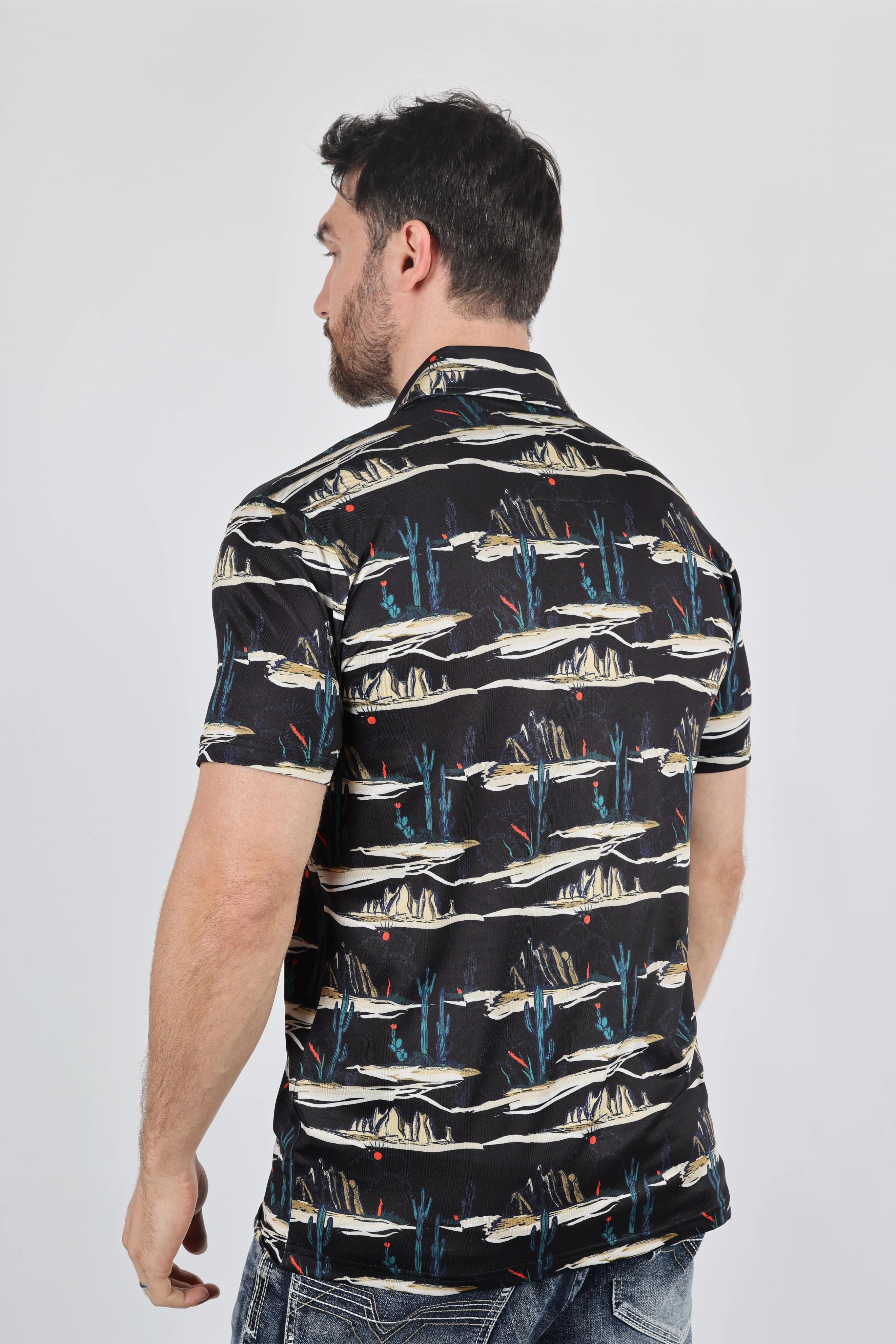 Mens Performance Fabric Modern Fit Stretch Cactus Print Polo Breathable Flex Streetwear Edge